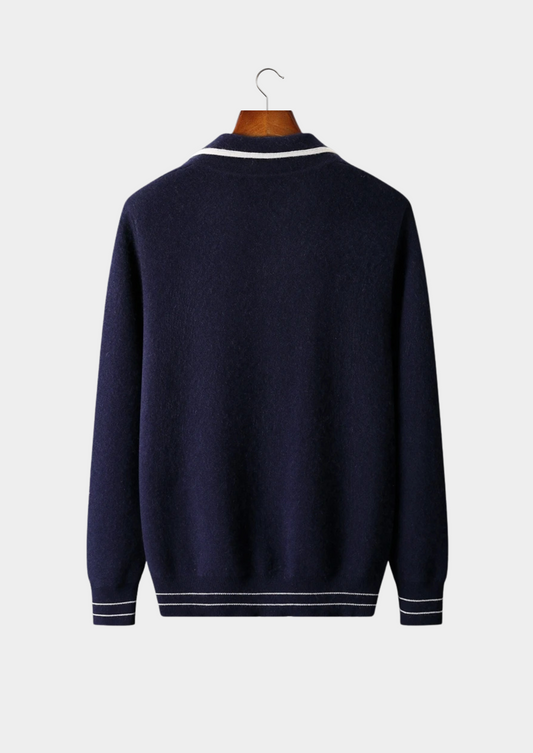 Pure Extra-Fine Merino Wool Two-Tone Polo Cardigan